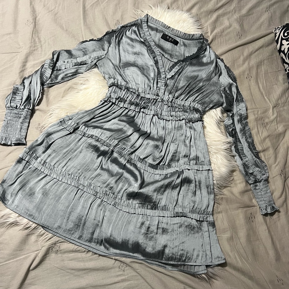 Long Sleeve O.P.T. Dress in Metallic Bluish Silver